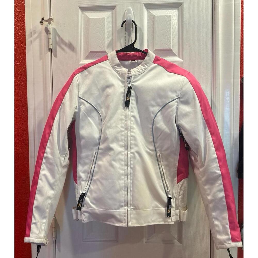 Xelement Women's Pink/White Heart Embroidered Motorcycle Jacket size SMALL